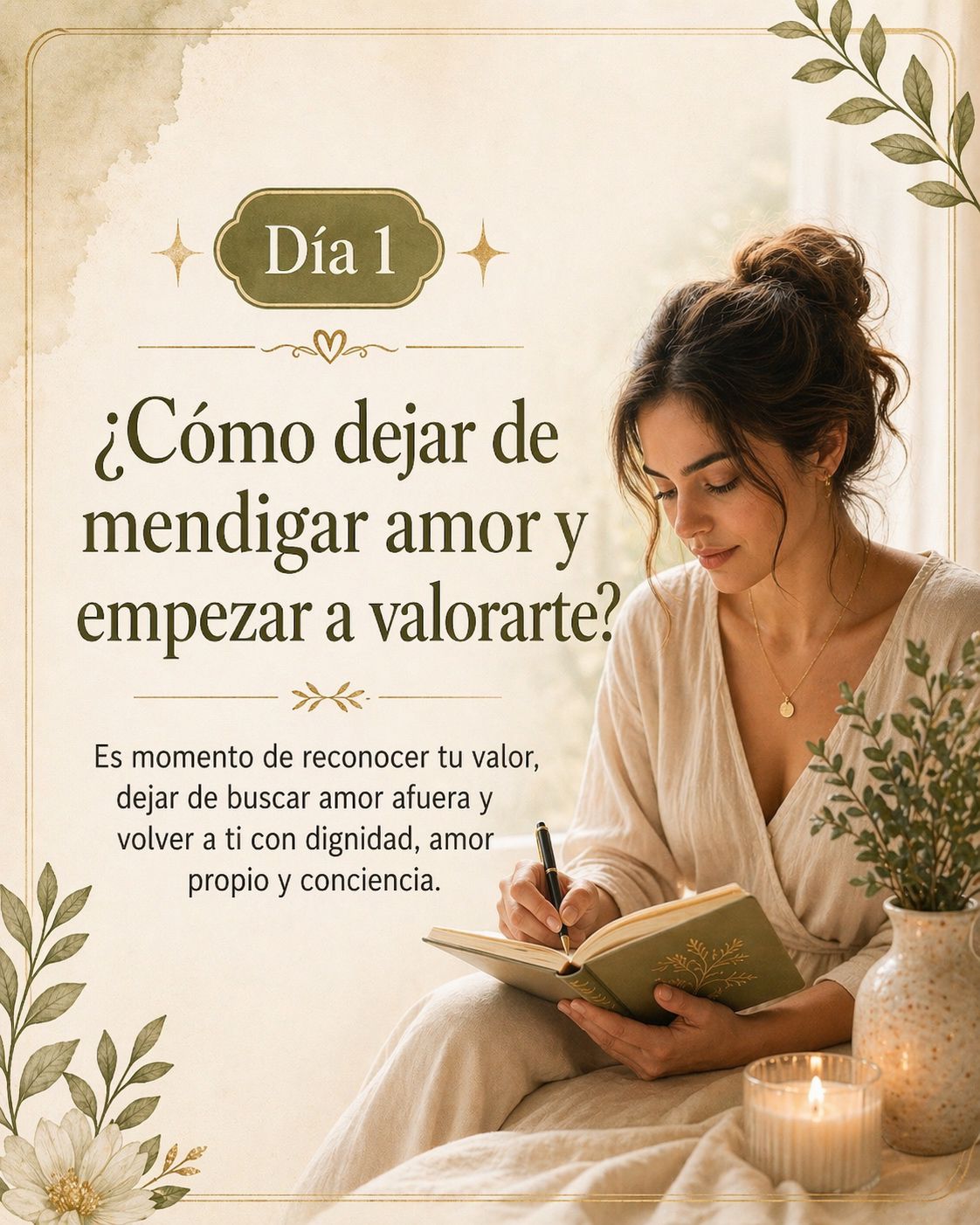 Día 1 — Mujer escribiendo con paz y conciencia